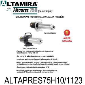 Bomba alta presión para ósmosis ALTAPRES75H10 1123 1 HP 1 F 115 230 V