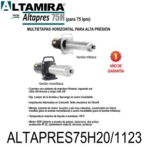 Bomba alta presión para ósmosis ALTAPRES75H20 1123 2 HP 1 F 115 230 V