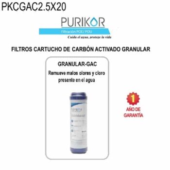 Cartucho filtro agua carbón activado granular de 2.5 X 20 Purikor PKCGAC2.5X20