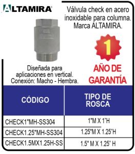 Válvula check columna acero inoxidable 1"Ø Válvulas-check-columna-Altamira-acero-inoxidable. CHECK1MH-SS304